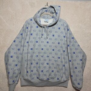 Champion Reverse Weave Hoodie Mens XL‎ Gray Blue All Over Logo Print Sweatshirt